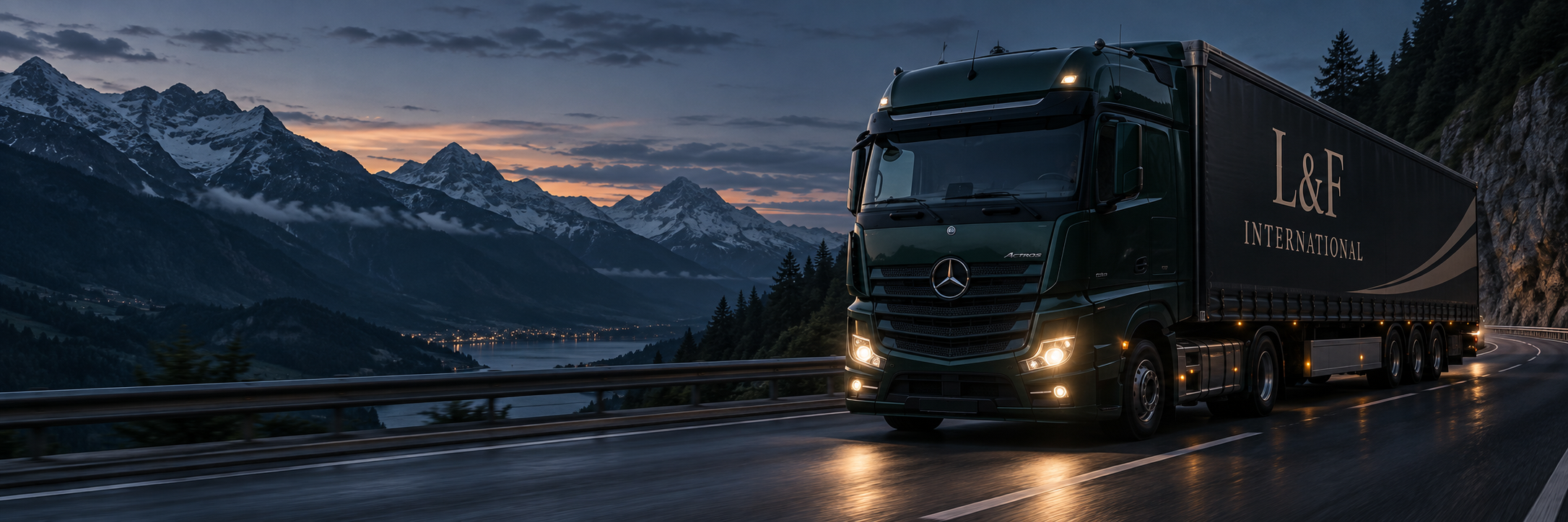 Green L&F International truck on a mountain road